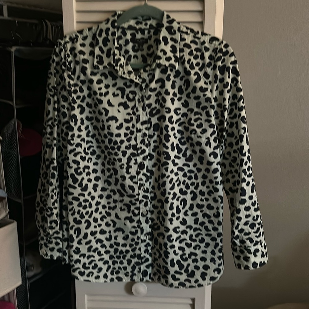 Talbots button down blouse, size L petite, mint green with navy
